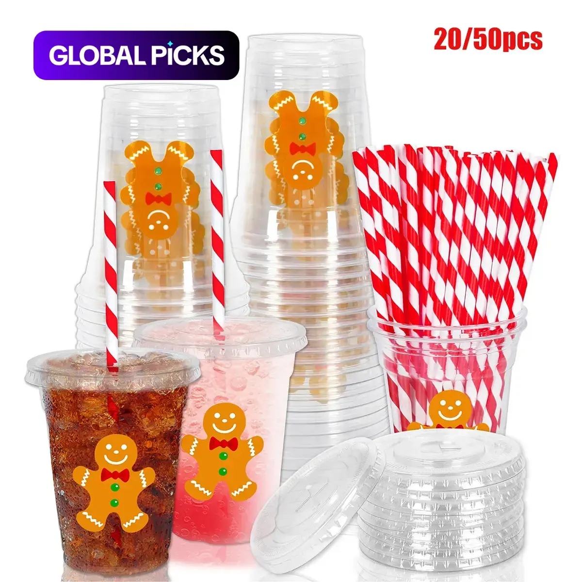 20/50pcs Christmas Disposable Plastic Cups Set, with Lids and Straws, 12oz, Party Cups, Gingerbread Cold Drink Cups, Holiday Party Supplies, Disposable Transparent Cups