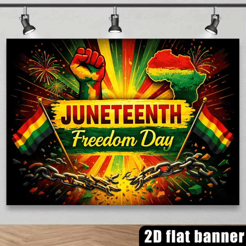 Juneteenth Freedom Day Party Backdrop Banner - Lightweight Home Decor Tapestry Print with Black Starry Sky, Large "JUNETEENTH" Lettering, Broken Chains, African Map, Red-Yellow-Green Flags, Fireworks, Gift Boxes, Drums, Confetti for Room Decor, Decoration