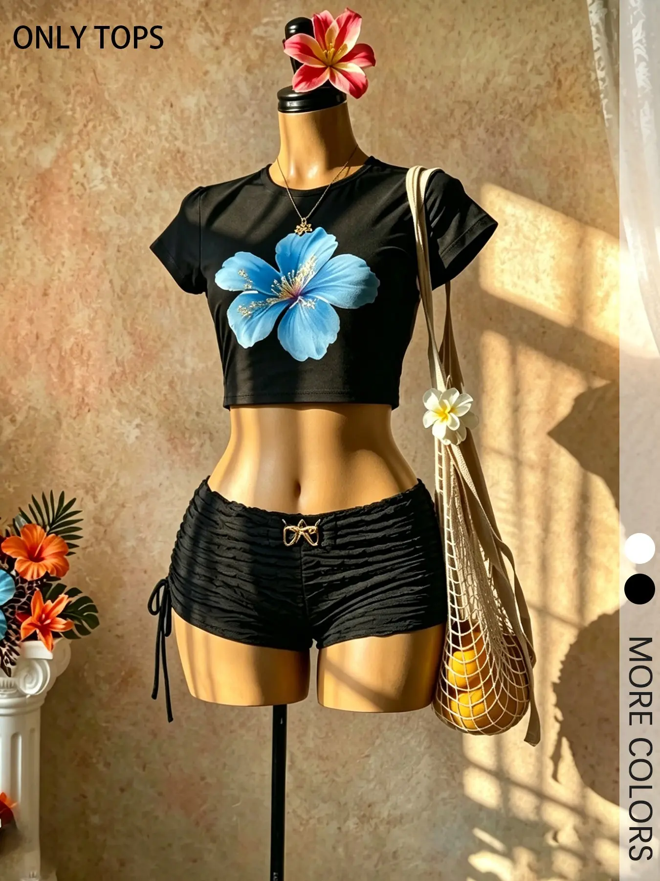 Women's Tropical Floral Print Crop Top, Hibiscus Flower Graphic, Slim Fit, Casual Summer Tee For Vacation & Daily Wear