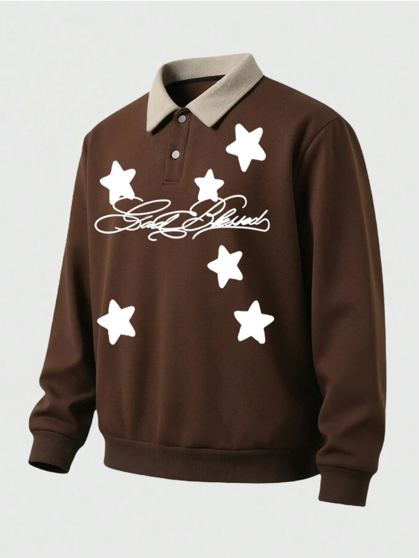 Unisex Maroon Lamb Wool Collar Polo Sweatshirt, Half-Open Two-Buckle Design, Starry Handwritten Print, Loose Fit Fall Winter Casual Top