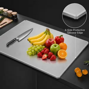 304 Stainless Steel Cutting Board with Silicone Edge Guard, Non-Slip Kitchen Chopping Board, Durable, Hygienic, Easy-to-Clean Metal Board for Home & Restaurant