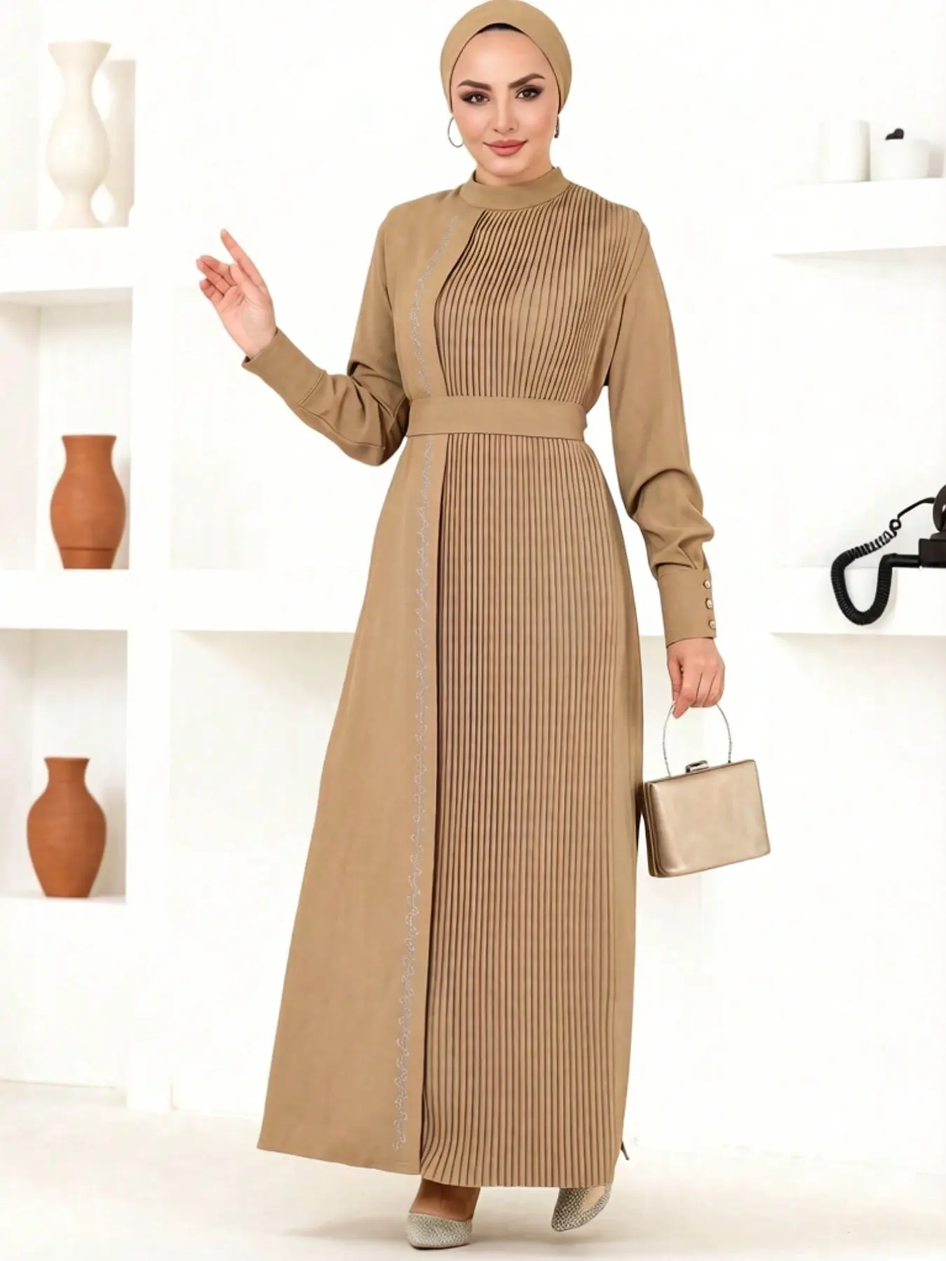 Women's Elegant Plain Woven Islamic Abaya Dress, Loose-Fitting Stand Collar Belted Maxi Dress, All Seasons Fashionable Long Sleeve Robe, Solid Color Abaya, Elegant Islamic Clothing, Classy Modest Dresses