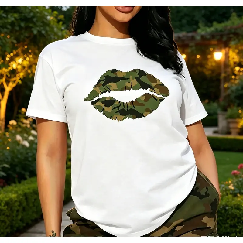 Women's Casual Round Neck Streetwear T-Shirt - Soft Cotton Digital Print Camouflage Lip Graphic, Short Sleeve Fashion Casual Wear, Breathable Knit, Multi-Size Including XXXXL, Unisex Classic Top for All Seasons (Refer to Size Chart)
