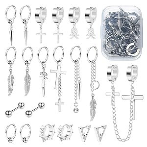 Jstyle 21 Pcs Earrings for Men Stainless Steel Black Long Chain Dangle Hoop Earrings for Men Women Jewelry Piercing Men Earrings Set