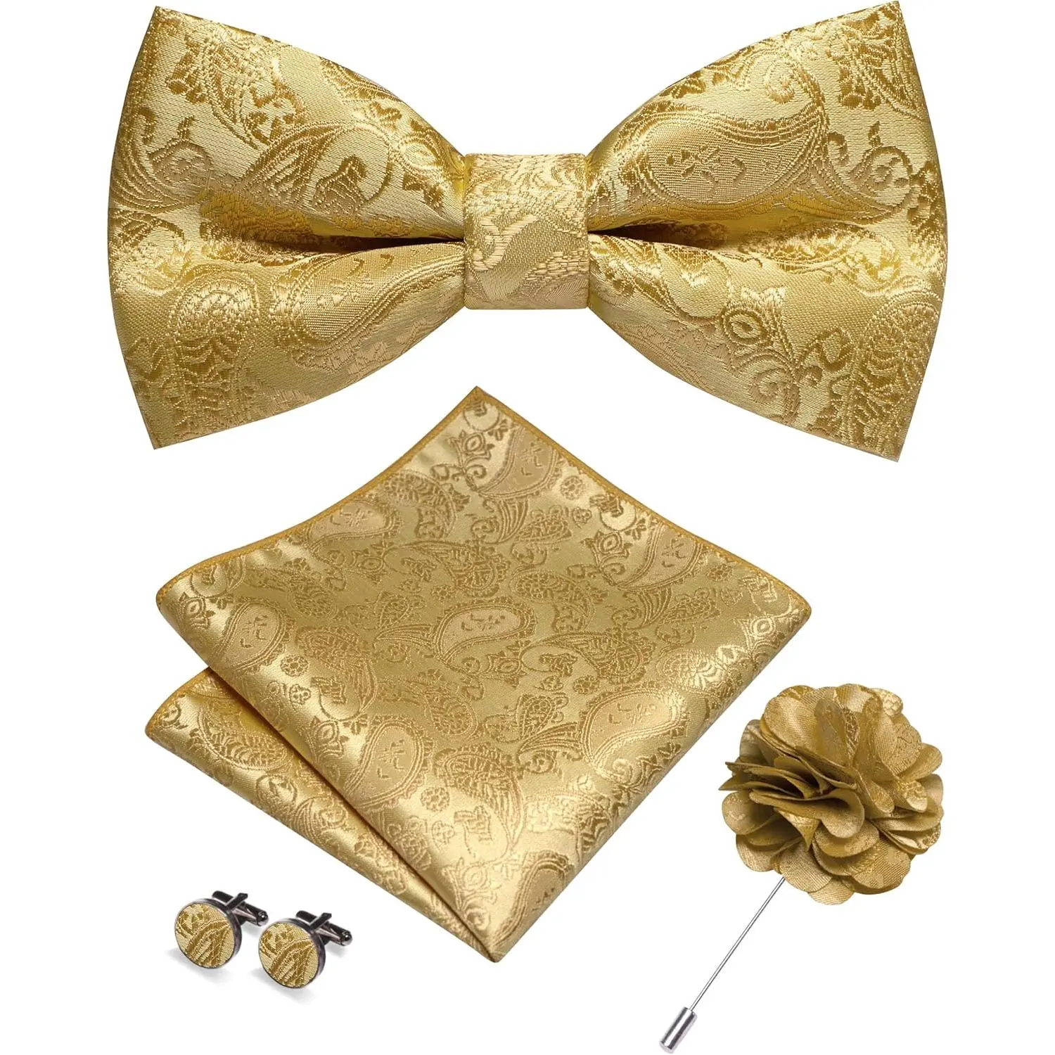 Paisley Pre-tied Bow Tie and Pocket Square Cufflinks Lapel Pin Sets for Men 4PCS