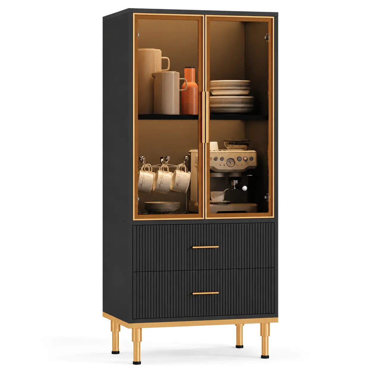 54.8-Inch Tall Storage Cabinet with Smoked Glass Doors, 2 Fluted Drawers and Adjustable Shelf, Engineered Wood Pantry Cabinet with Faux Marble Top, Gold-Tone Handles, Metal Legs and Anti-Tip Kit for Kitchen, Dining Room or Living Room, Black or White