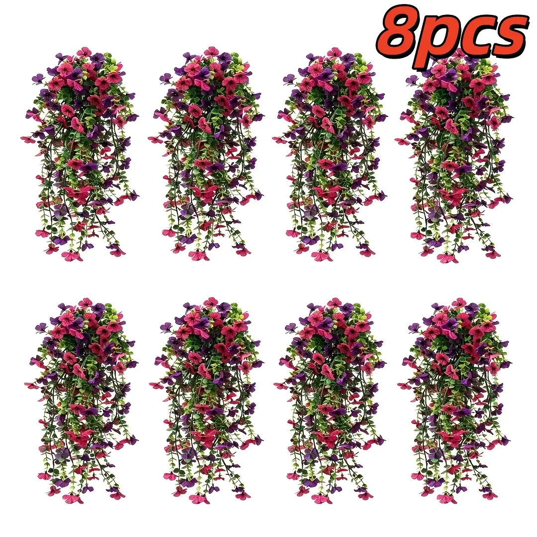 8-Piece Hanging Artificial Daisy Violet Flower Garland Set - Plastic Bouquets with Fruit Accents, Durable 4-Season Farmhouse Decor for Wedding Party, Thanksgiving, Home