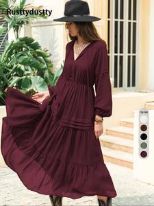 women's casual basic lantern sleeve tie v-neck v neckline ruffle hem long sleeve dress, lady comfort minimalist solid tiered milkmaid dress, vintage girly country girl clothes summer dresses, moo moo dresses, womenswear, classy modest dresses