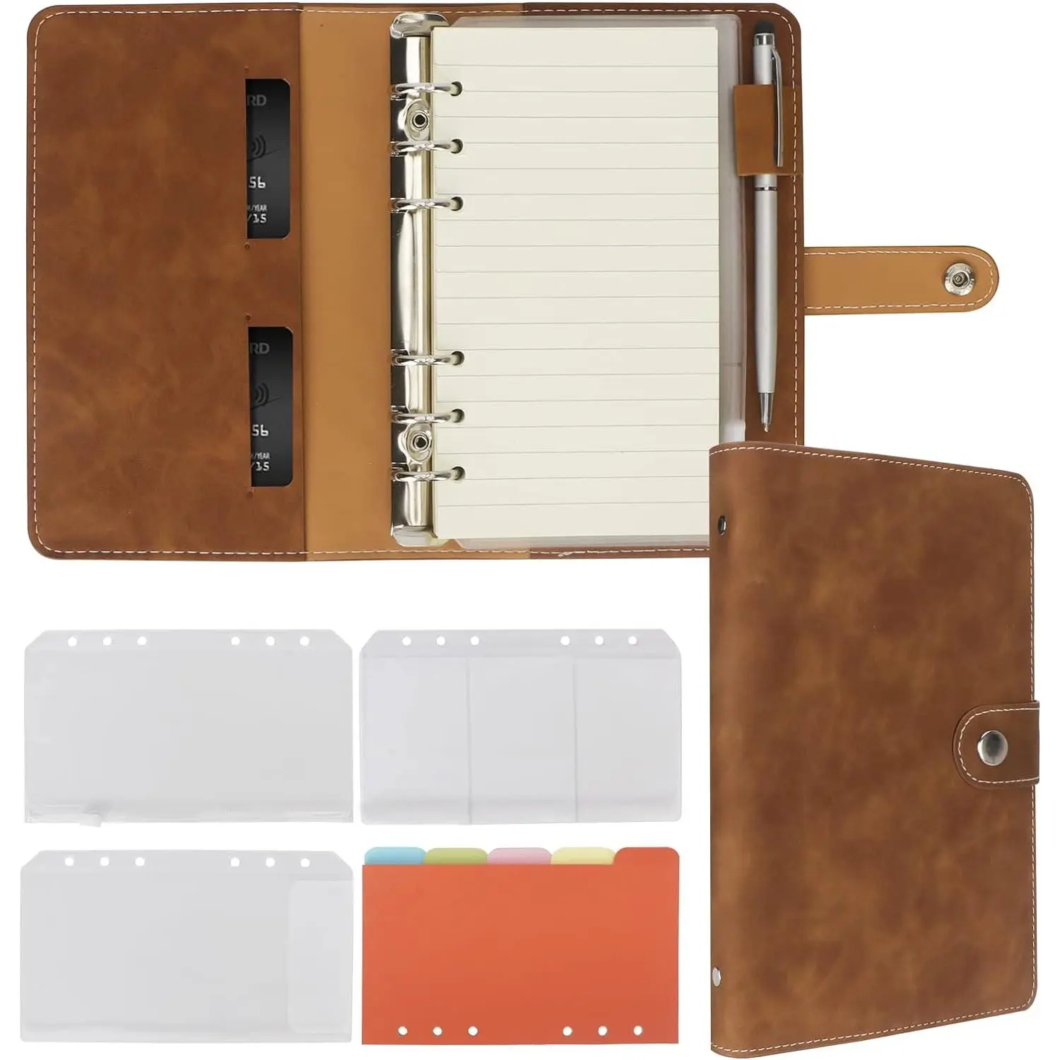 A6 Binder Refillable Planner Notebook 6 Ring, Brown | PU Leather Binder Journal with Pockets, Dividers, Refill Paper