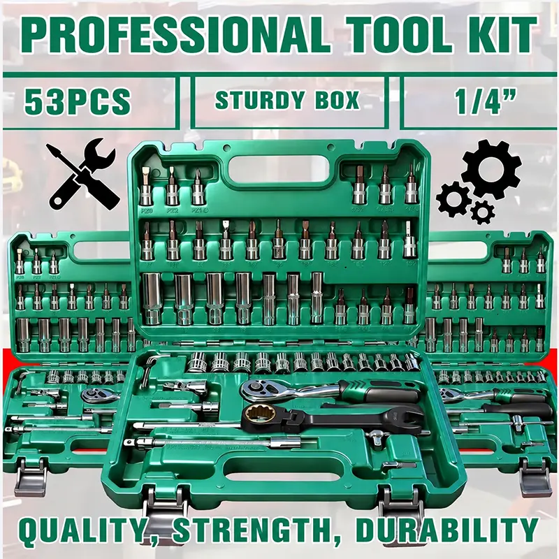 53-Piece 1/4-Inch Drive Ratchet Wrench Set – Includes various screwdriver bits, extension bars, a universal joint, and other manual repair tools; comes with a storage case; suitable for automotive, bicycle, and household mechanical repairs.
