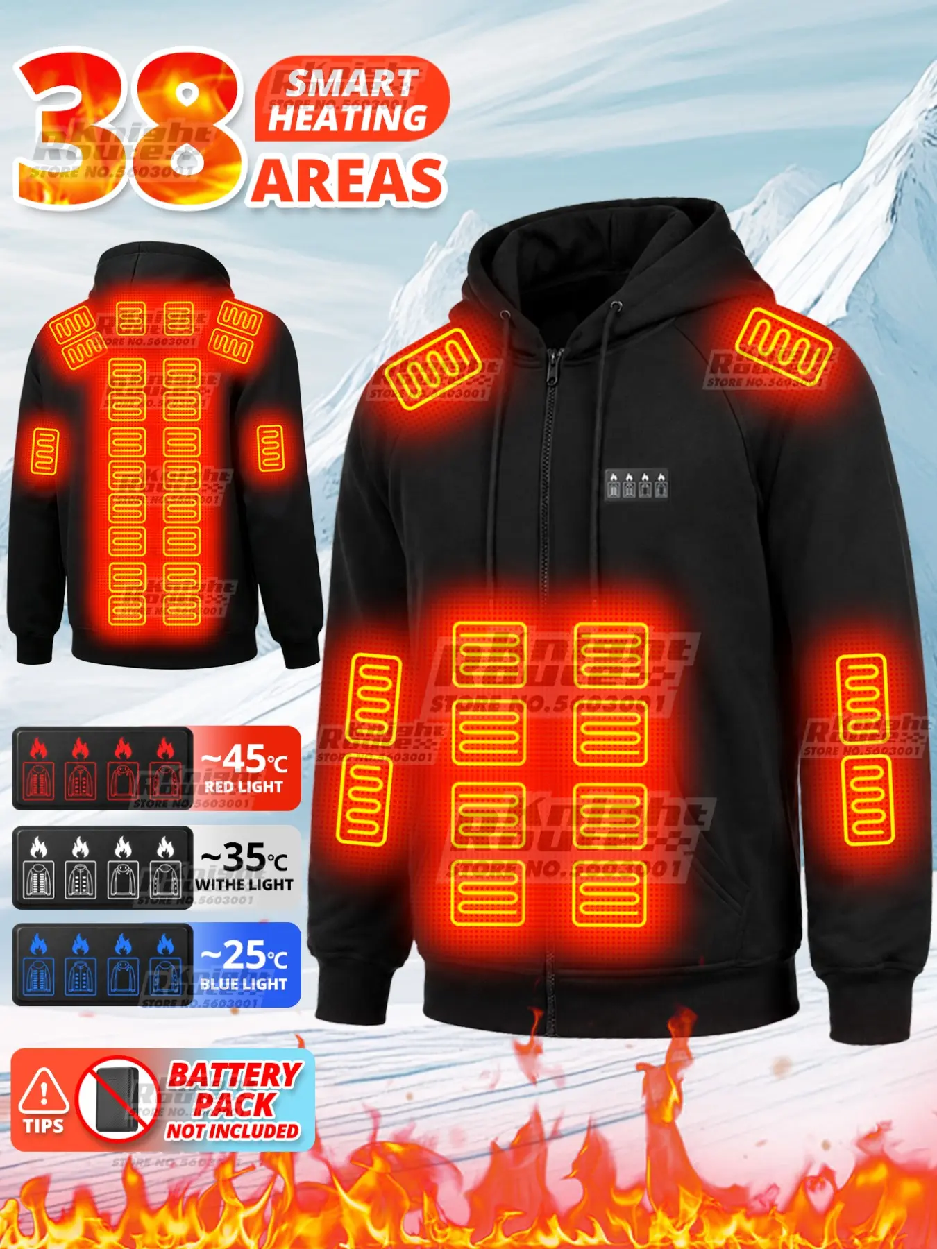 Men's Smart Heating Hooded Jacket, 38 Heating Zones, 3 Temperature Settings, Long Sleeve Winter Coat, Hiking, Camping, Running