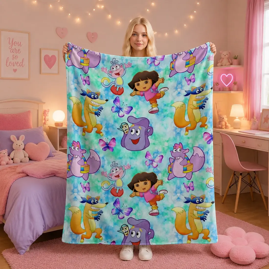 Dora The Explorer Tie Dye Watercolor Background Flannel Throw Blanket, Full Repeat Cartoon Character Soft Lightweight AC Blanket for Kids Bed Sofa, Perfect Birthday Christmas Holiday Gift for Boys Girls Dora Cartoon Fans
