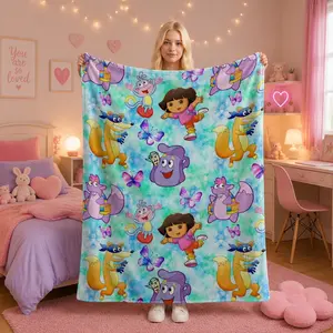 Dora The Explorer Tie Dye Watercolor Background Flannel Throw Blanket, Full Repeat Cartoon Character Soft Lightweight AC Blanket for Kids Bed Sofa, Perfect Birthday Christmas Holiday Gift for Boys Girls Dora Cartoon Fans