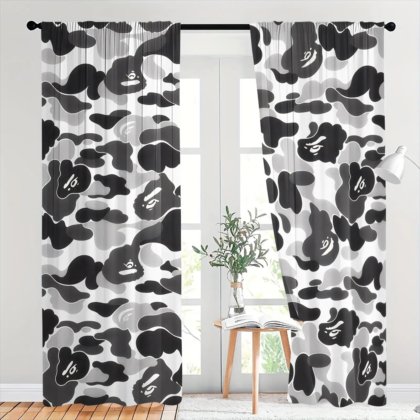 Monochrome Ape Camo Streetwear Semi-Sheer Curtains, Privacy Preserving Drapes Create Soft Diffused Indoor Light, Skin-Friendly Brushed Flannel Rod Pocket Treatments, Stylish Decor Light Filtering Curtains for Living Room, Study, Apartment