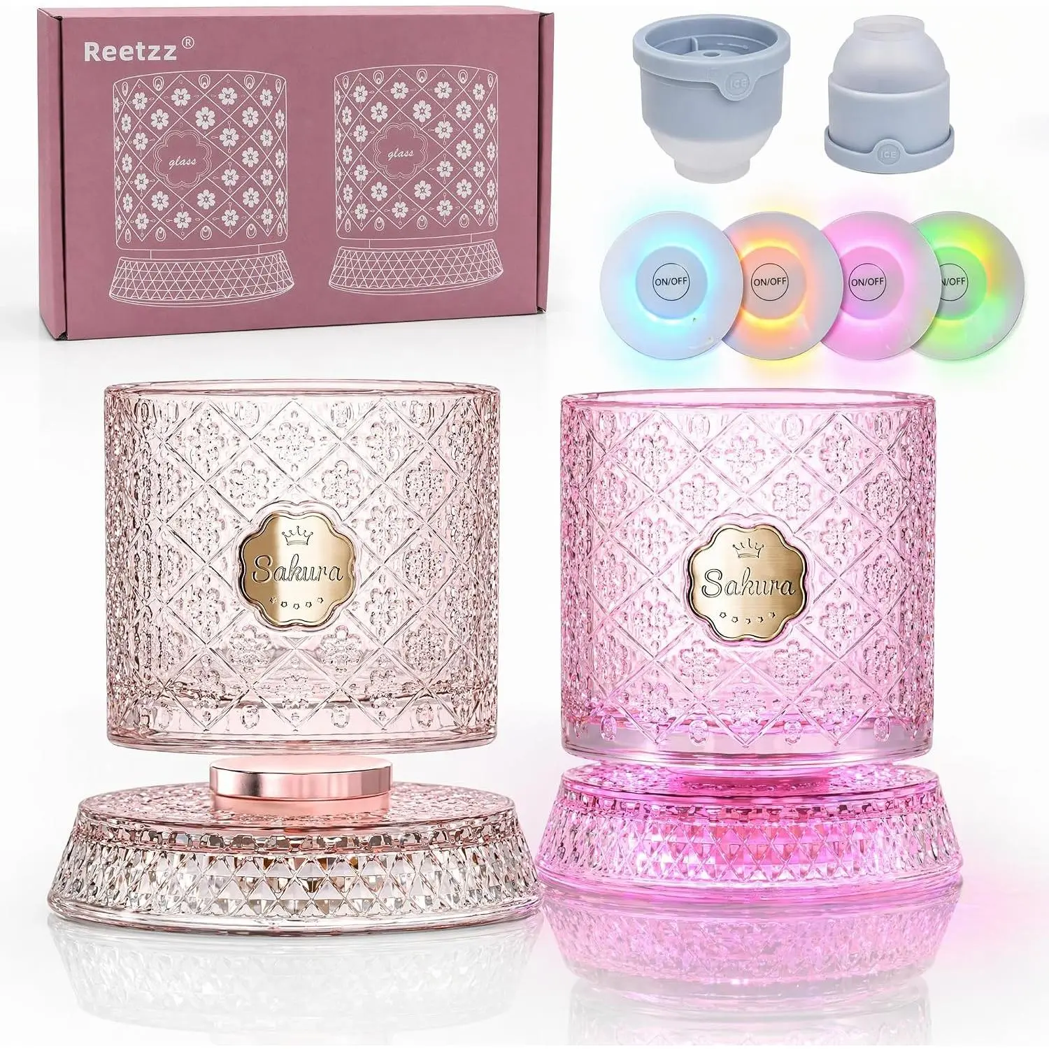 8.5oz Pink Thick Spinning Whiskey Cup Set (2 Pcs) - 360° Cherry Bloom Relief Rotating Crystal Drink Glasses with 2 Ice Ball Molds, 4 LED Sticker Lights (Multiple LED Modes), Gift Box Set for Whiskey, Cocktails