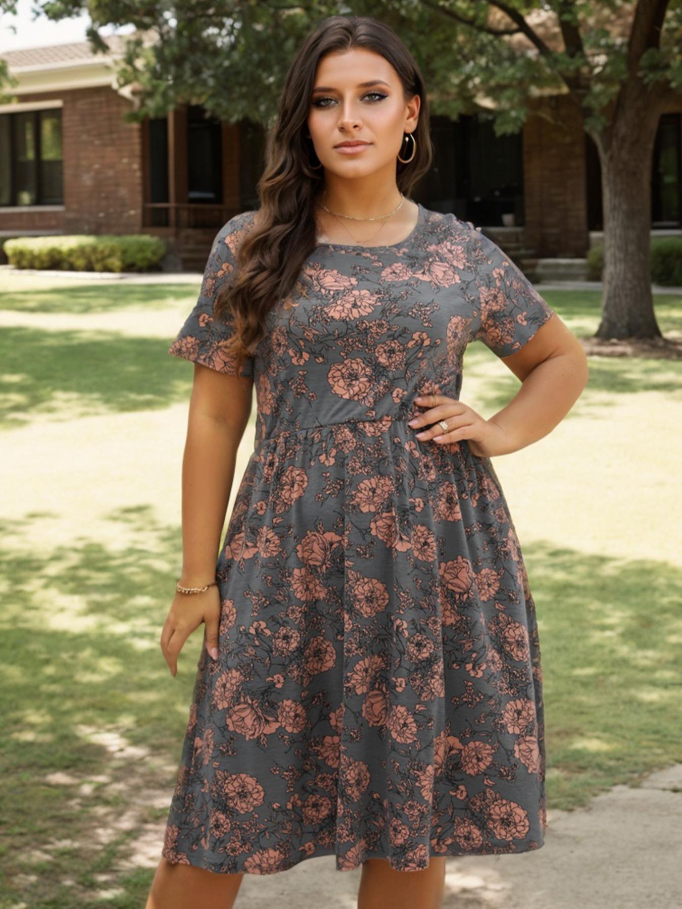 Women's Plus Size Casual Elastic Long Dress with Pockets, Elegant Summer Fitted Style, Comfortable Fabric for Daily Wear