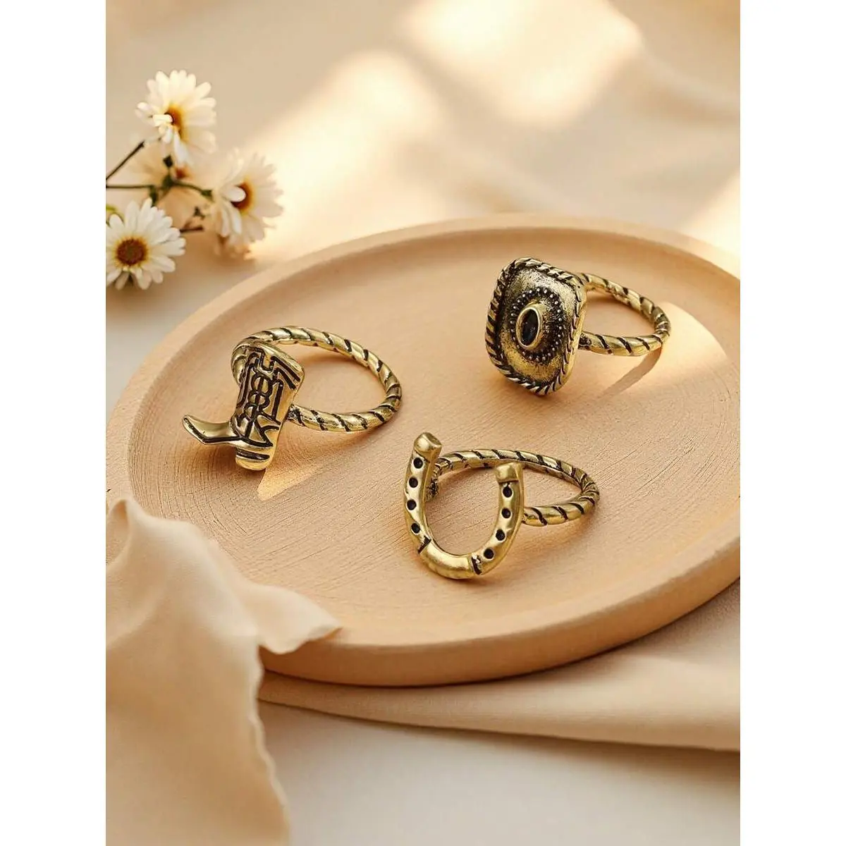 3pcs Cowboy Boot, Hat & Ring Set, Vintage Gold Metal Material, Suitable For Men & Women Everyday Wear, Holiday Gift