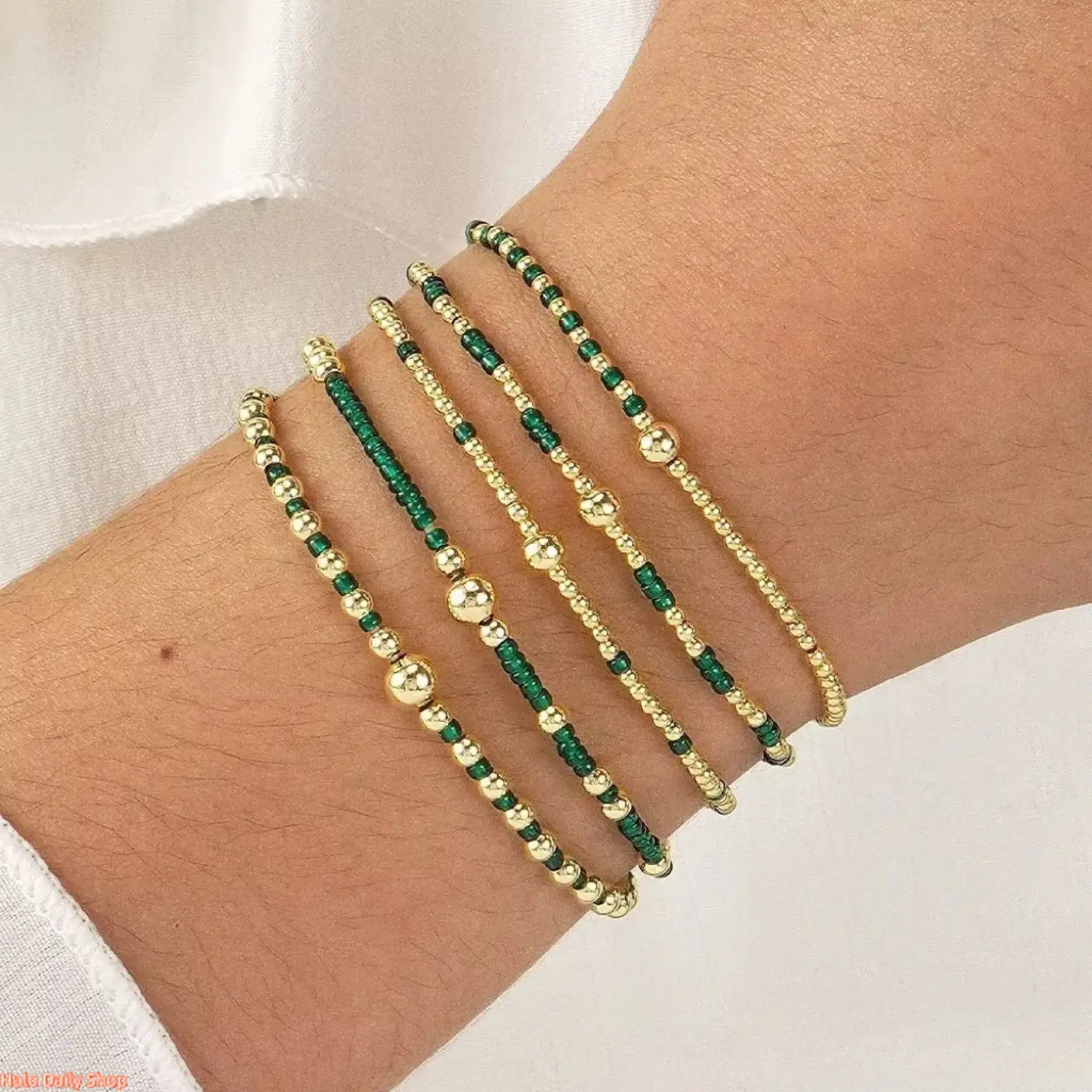 Unisex 5-Piece Gold Seed Bead Sports Wristbands Set - Gold-Plated Stretch Multilayered Stacking Bracelet, Bohemian String Beads Jewelry for Sports Use, Bohemian Bracelets