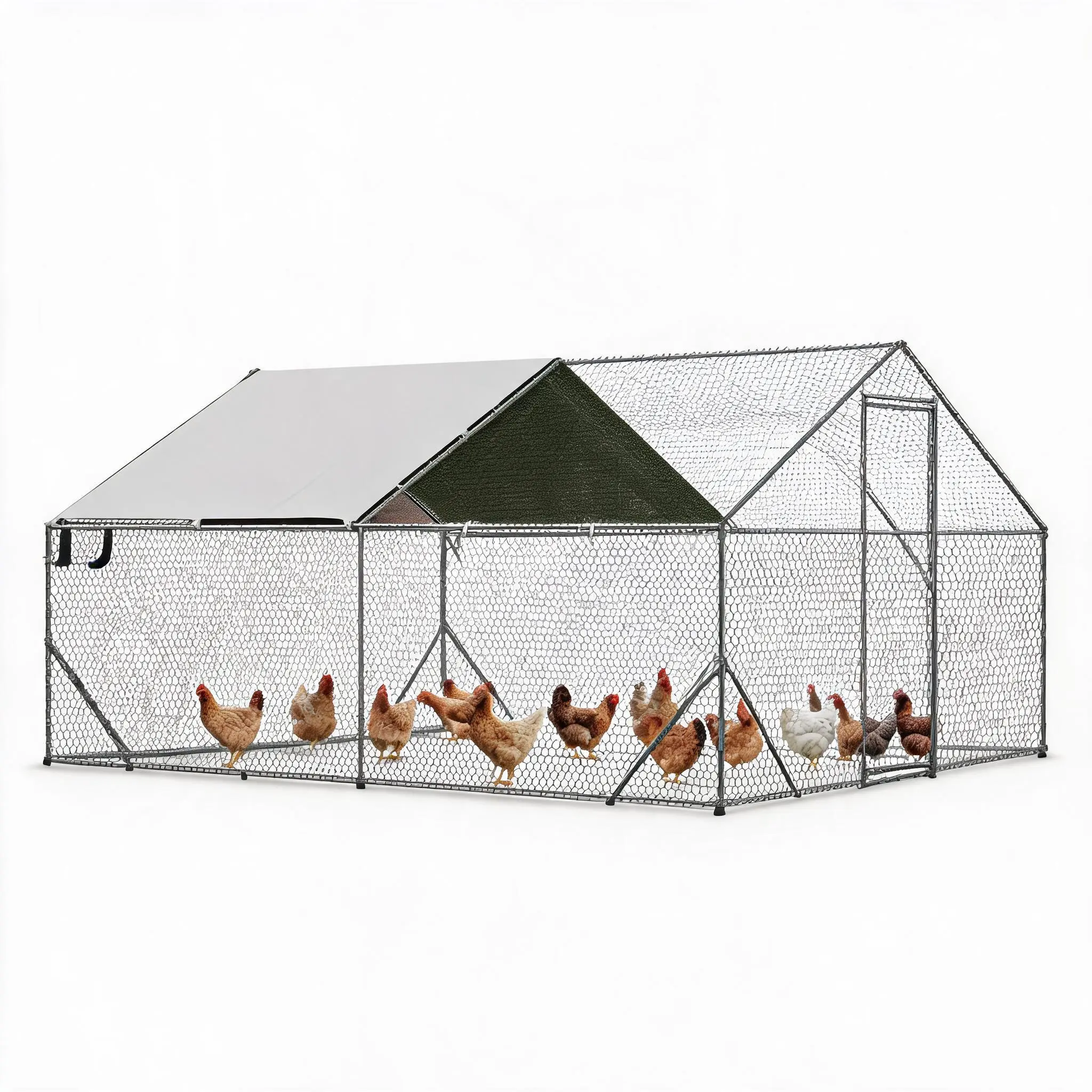 Outdoor Large Metal Chicken Coop Run with Spire Roof, Secure Lockable Doors & Durable Anti-UV Waterproof Cover, Versatile Yard Enclosure for Hens, Ducks and Rabbits Poultry Coop Enclosed Poultry Hutch