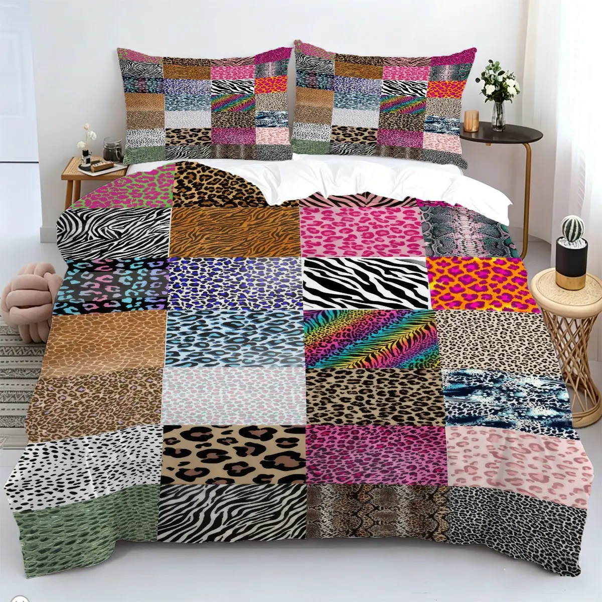 2/3 Piece Animal Print Bedspread Set, Leopard and Zebra Pattern, Soft Breathable Microfiber, Bohemian Style, Includes Pillowcases