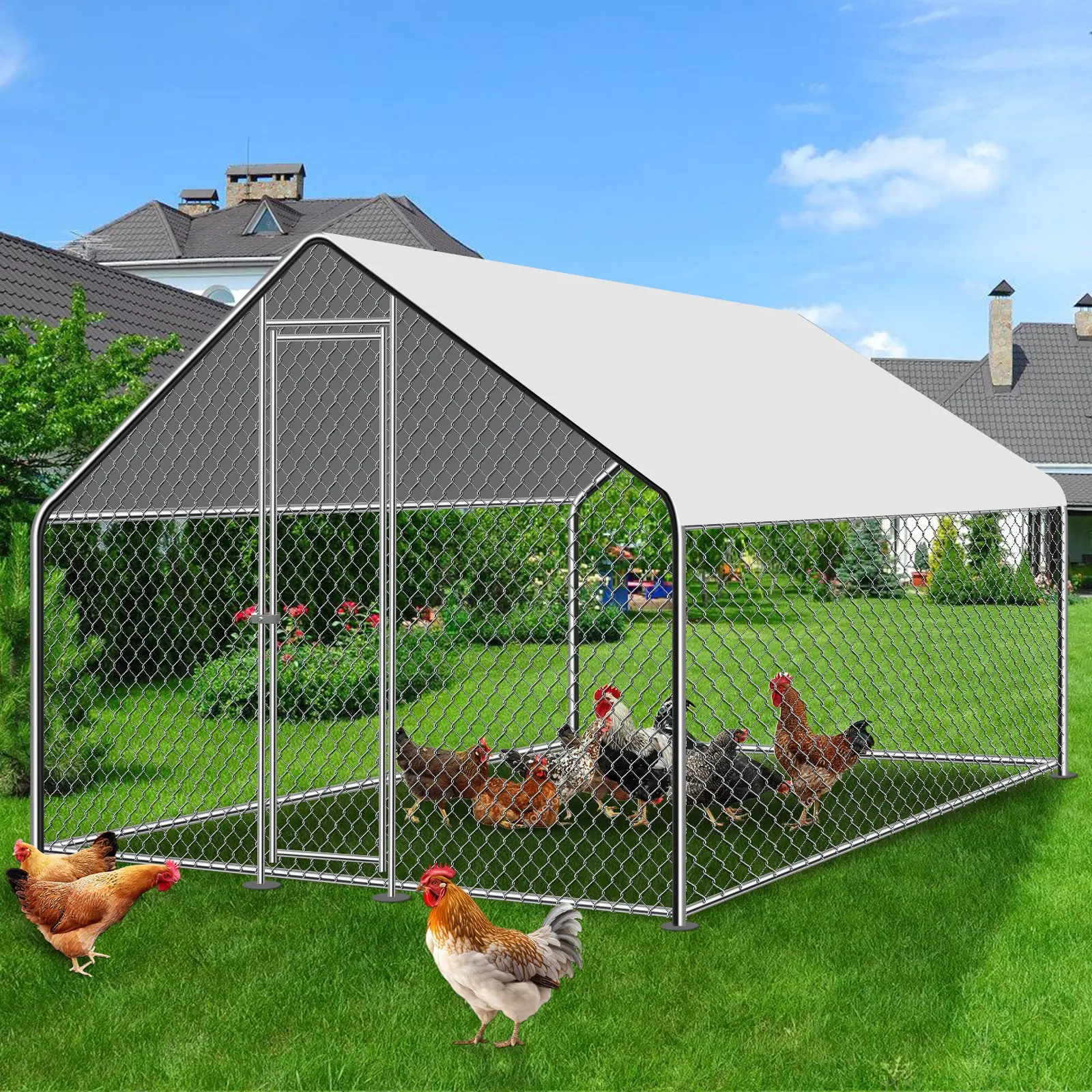 Large Metal Chicken Coop Hen Run 9.8x6.6 x6.6ft House Spire Walk-in Cage Poultry