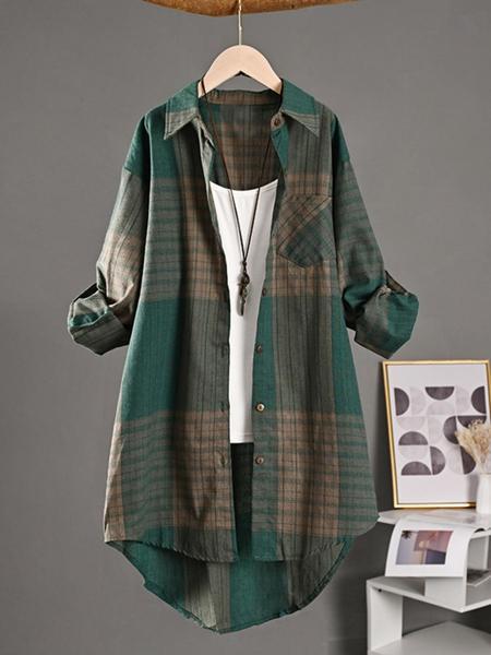 Elegant Casual Retro Mid-Length Plaid Shirt for Women, New Fashion Long Sleeve Loose Fit Striped Blouse, Stylish Ladies' Top