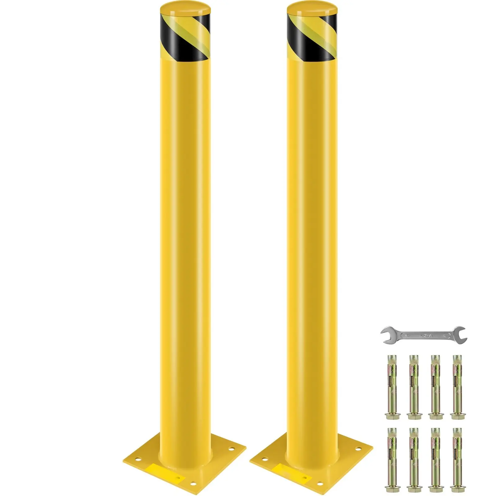 42 Inch Tall Yellow Steel Bollard Post, 4.5 Inch Diameter Steel Pipe Bollard, Heavy Duty Outdoor Safety Bollard With 8 Anchor Bolts for Parking Lot and Traffic Control, Weather Resistant Industrial Barrier for Perimeter Security