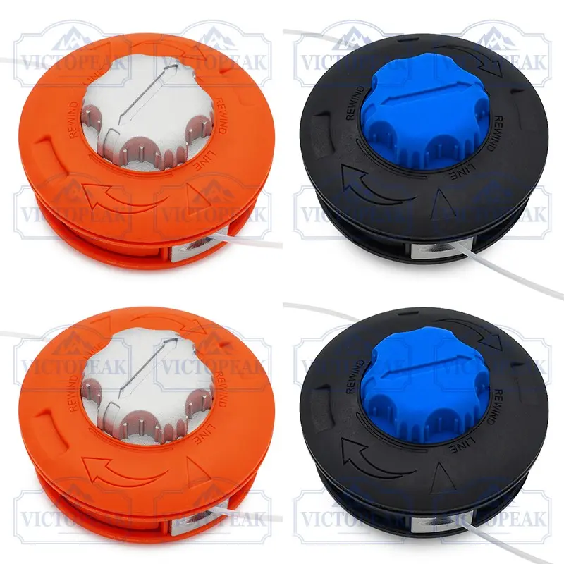 Victopeak 4 Pack OM Style String Trimmer Heads, 2 Pcs Aluminum Top OM Trimmer Head + 2 Pcs Blue Cap OM Bump Feed Weed Wacker Replacement Head, Heavy Duty Universal Grass Cutter Head for Lawn Yard Garden Weeding Power Tool Accessories