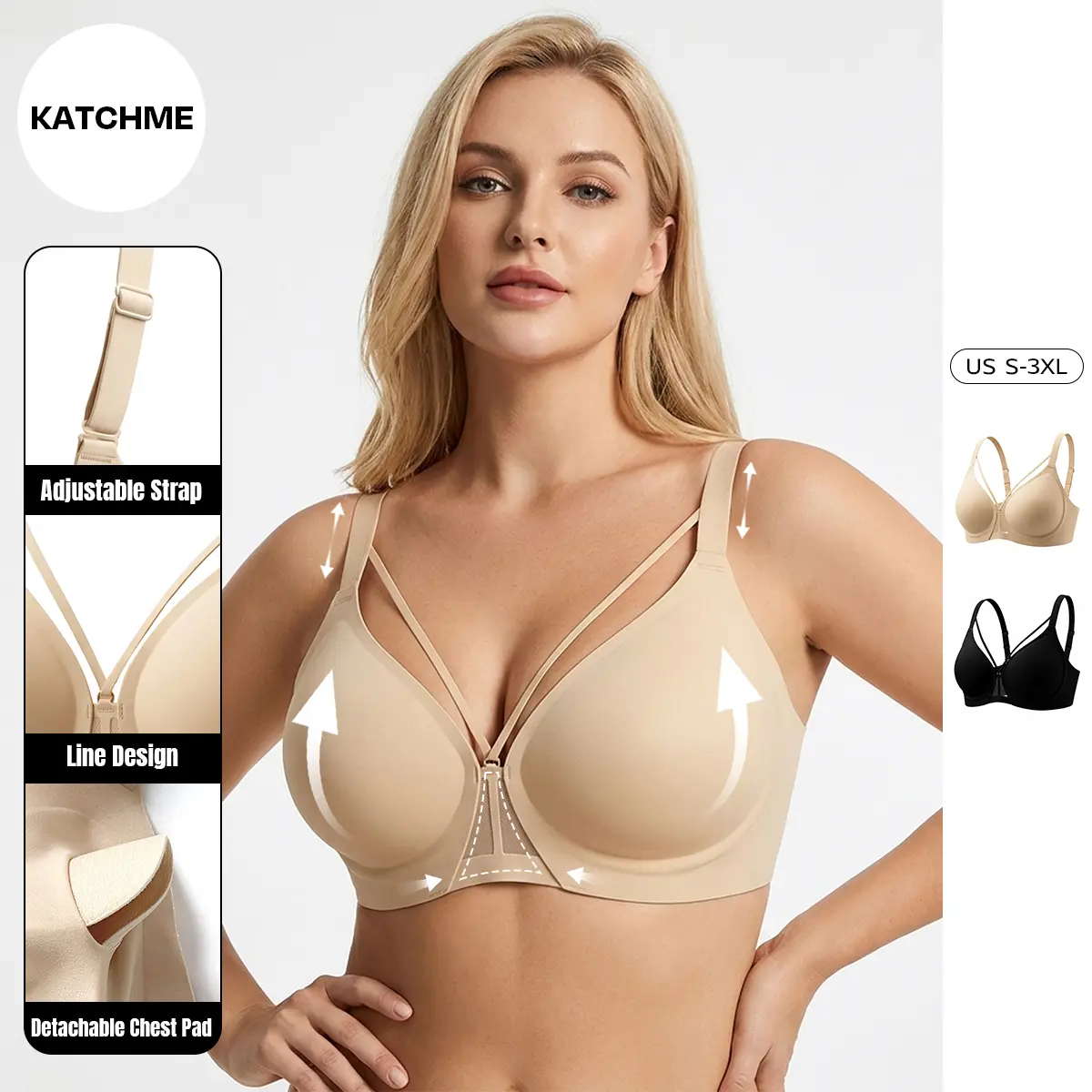 KatchMe COZY  Women's Chic Solid Color Adjustable Strap Line Design Push-Up Bra, Elegant Hollow Out Detachable Chest Pad Bralette, Versatile 3/4Coverage Wirefree Bra