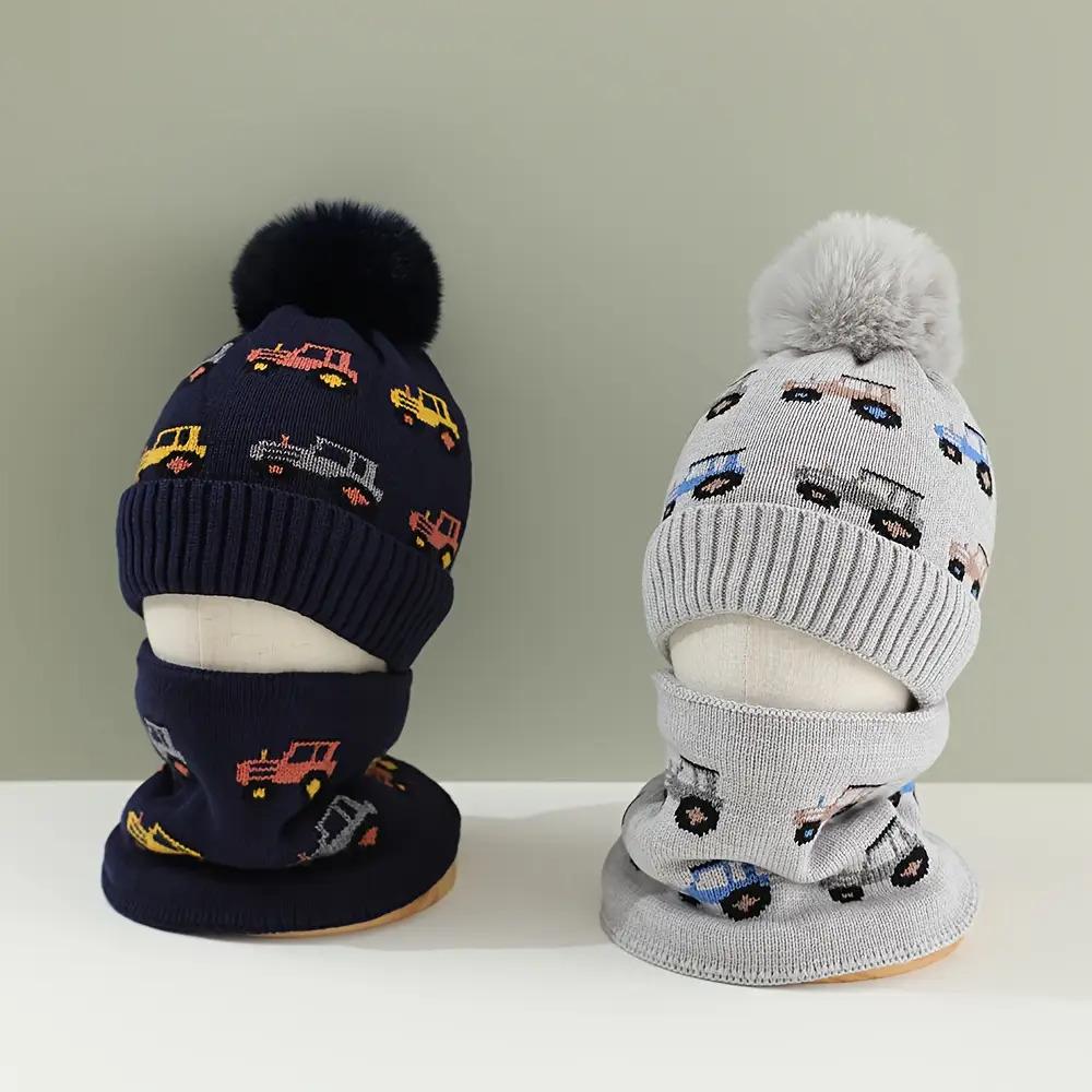 2pcs Boys' Winter Warm Hat & Scarf Set with Truck & Car Winter Adventure Print - Thick Knit Balaclava & Beanie, Elastic Fit for Outdoor Play, Christmas & Thanksgiving Outfits, Cozy Cold-Weather Clothing (Light Grey, Navy, Red, Blue, Black) - Hand Washable