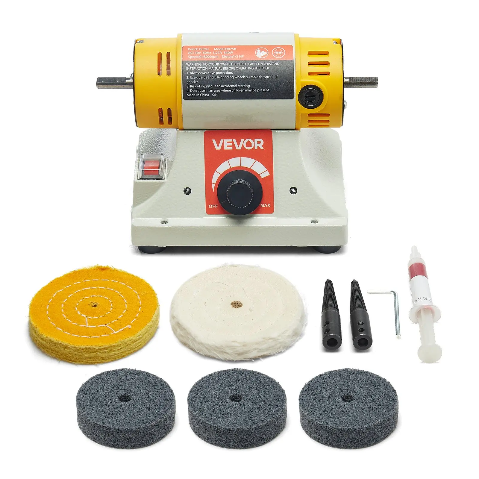 VEVOR Benchtop Buffer Polisher, 1/2HP 0-8000RPM Machine with Rubber Ft for Home Workshops, 2 Pcs 4" Cotton Wheels, 3 Pcs 3" Abrasive Fiber Wheels, Polishing Compound for Plastic, Cast Aluminum, Aluminum Alloy, Wood