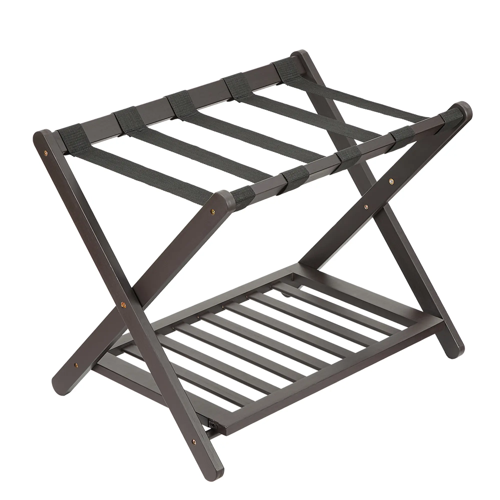 Sturdy Wood Folding Luggage Rack with Storage Shelf - Durable 2-Tier Suitcase Stand - Heavy Duty Nylon Straps - Holds Up to 150 lbs - Perfect for Bedrooms, Guest Rooms, Hotels