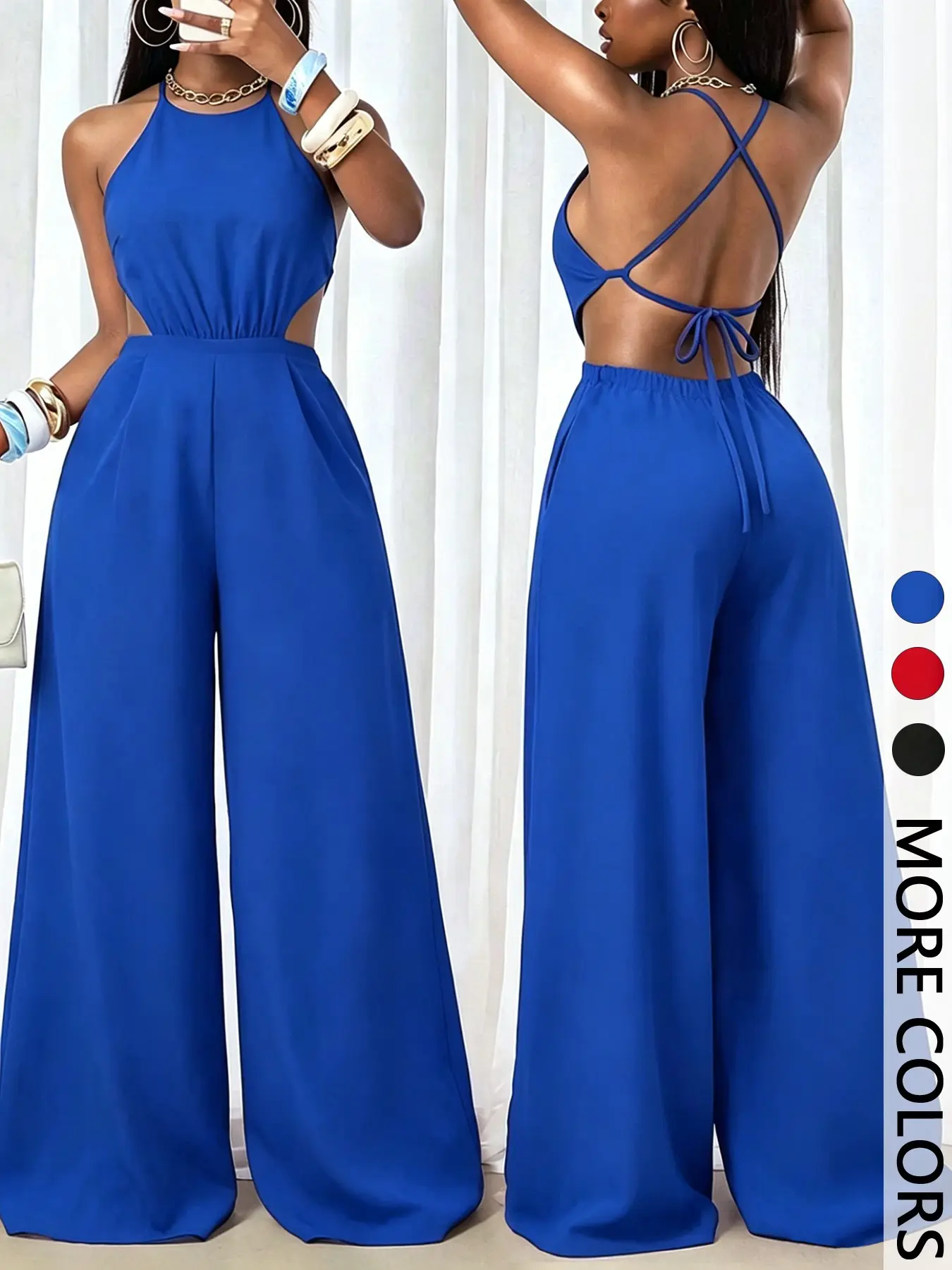1 Piece Women's Woven Jumpsuit, Halter Neck, Crisscross Back Tie, Waist Cutout, Wide Leg Pants, Party Evening Vacation Wear, Lightweight Breathable Flowy