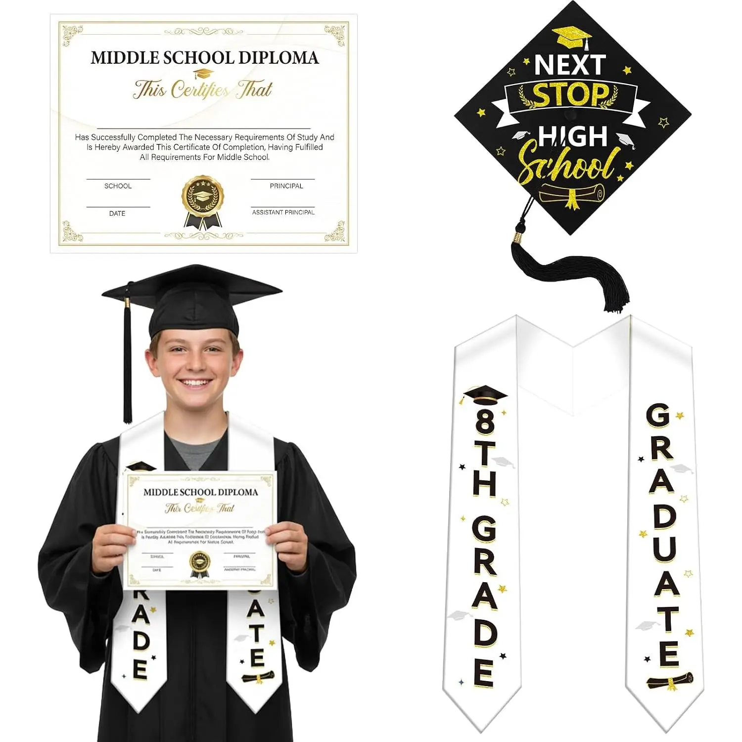 8th Grade Graduation Sash and Cap 3 Pcs Graduation Decoration with Diploma Certificate, Class of 2026 Grad Stole Set with Tassel, 8th Grade Graduations Gift
