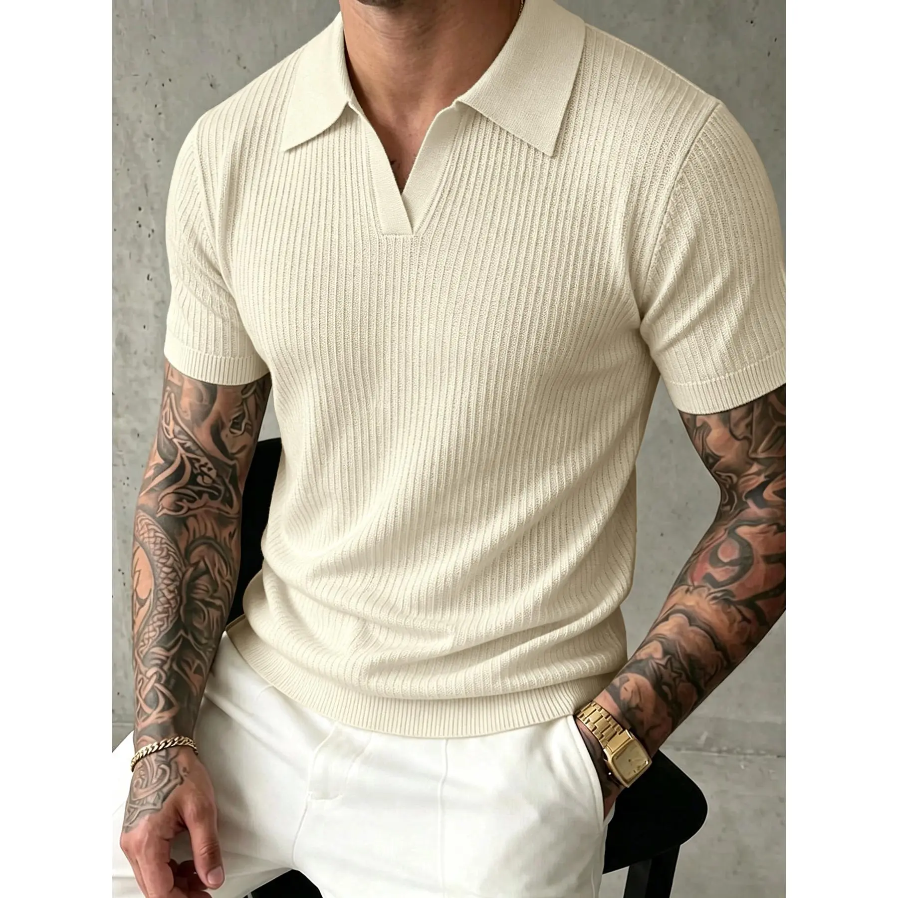 Vertical ribbed knit short sleeve polo shirt with open notched lapel collar, slim tailored fit stretch breathable lightweight fabric seamless cuffs minimalist top staple for smart casual modern mensfashion styling