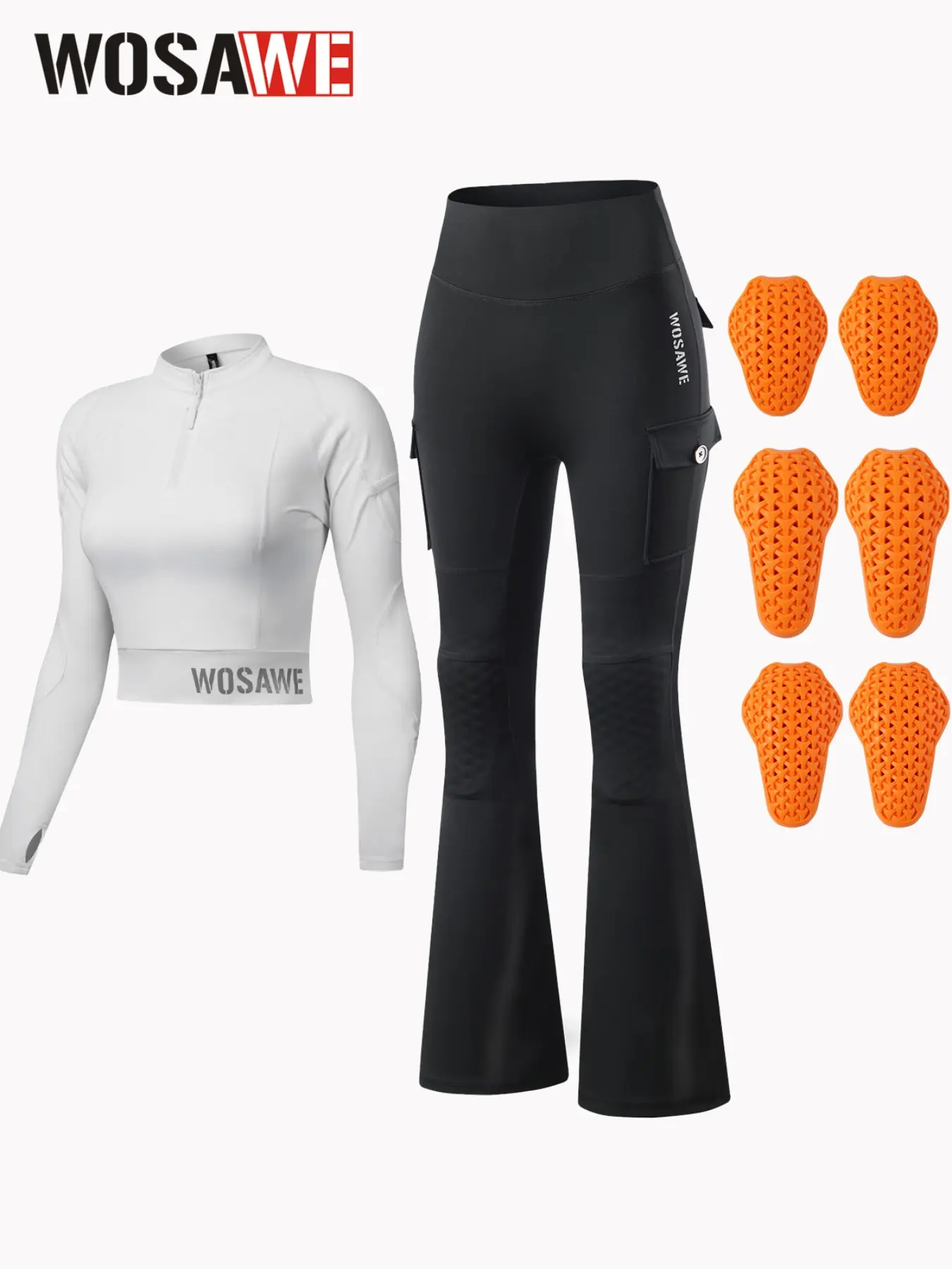 WOSAWE Women Motorcycle Half Zip Crop Top & High Waist Flare Pants Detachable Padding Outdoor Sportswear Riding Suit For Multiple Bike Styles Exercise Clothing Set