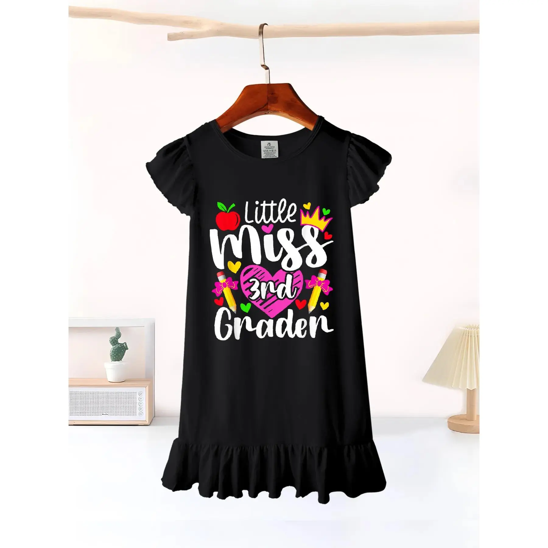 Girls' 3rd Grader Little Miss Back To School Crew Neck Knee Length Summer Flutter Sleeve Casual Dress - Soft, Durable, Easy-Care, Cute Look, Graphic Print, Casual Wear, Ideal for School - Local Warehouse, Polyester Mix