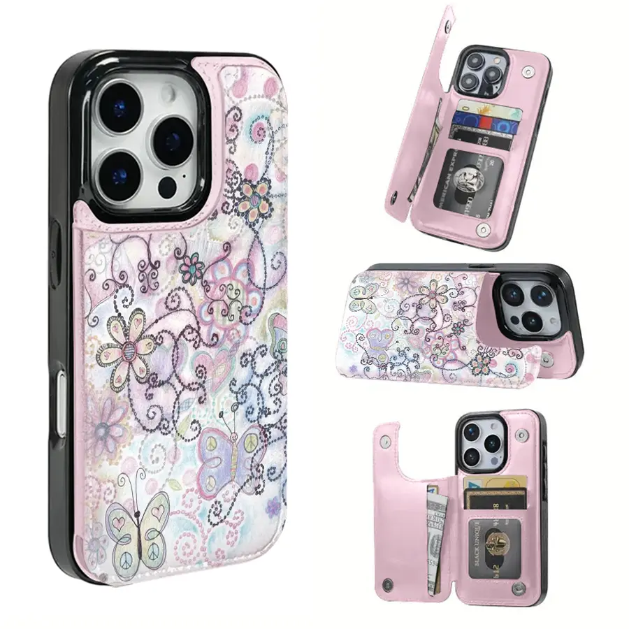 Butterfly and flower patterns Textured leather phone case with a SIM card slot, compatible with the iPhone 17 Pro Max/Air/16/15/14/13/12/11 series and Samsung S22/S23/S24/S25 series.