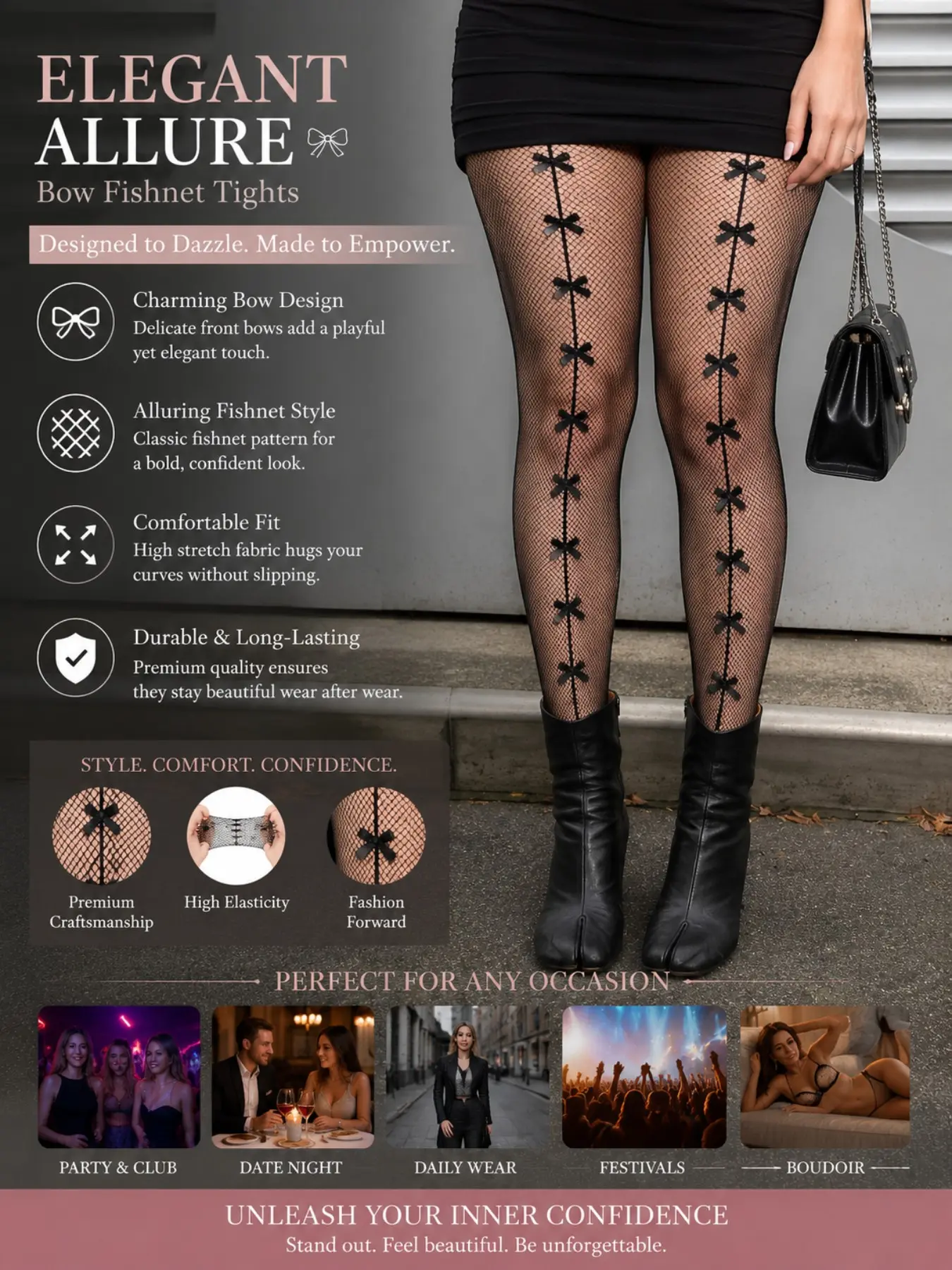 Fishnet Socks with Bow, Sexy Women's Pantyhose Tights, Ultra-Thin, Perfect for Parties, All Seasons, Boost Confidence