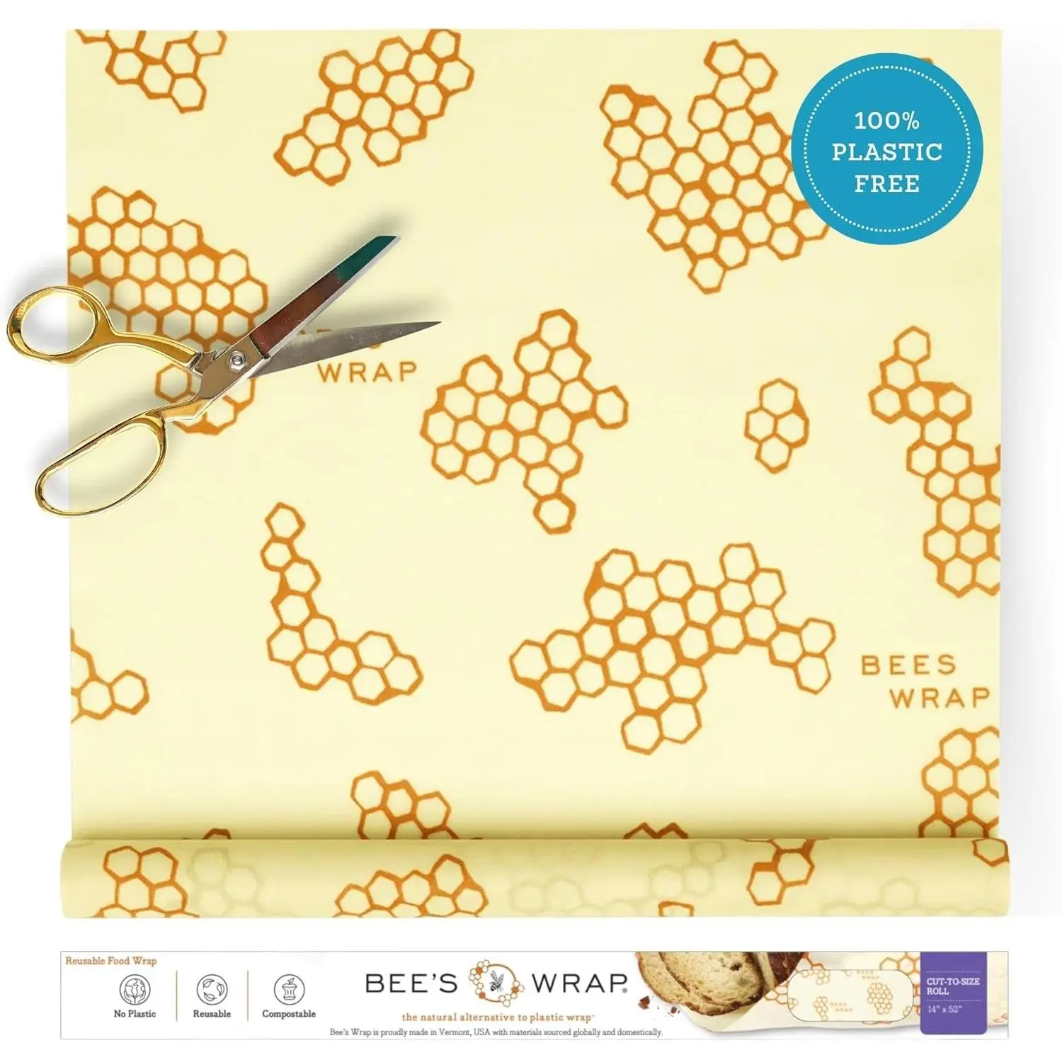 Beeswax Wraps for Food - Cut to Size 14x52" Beeswax Wrap Roll - Plastic Free Made in USA Reusable Natural Food Wrap - Honeycomb