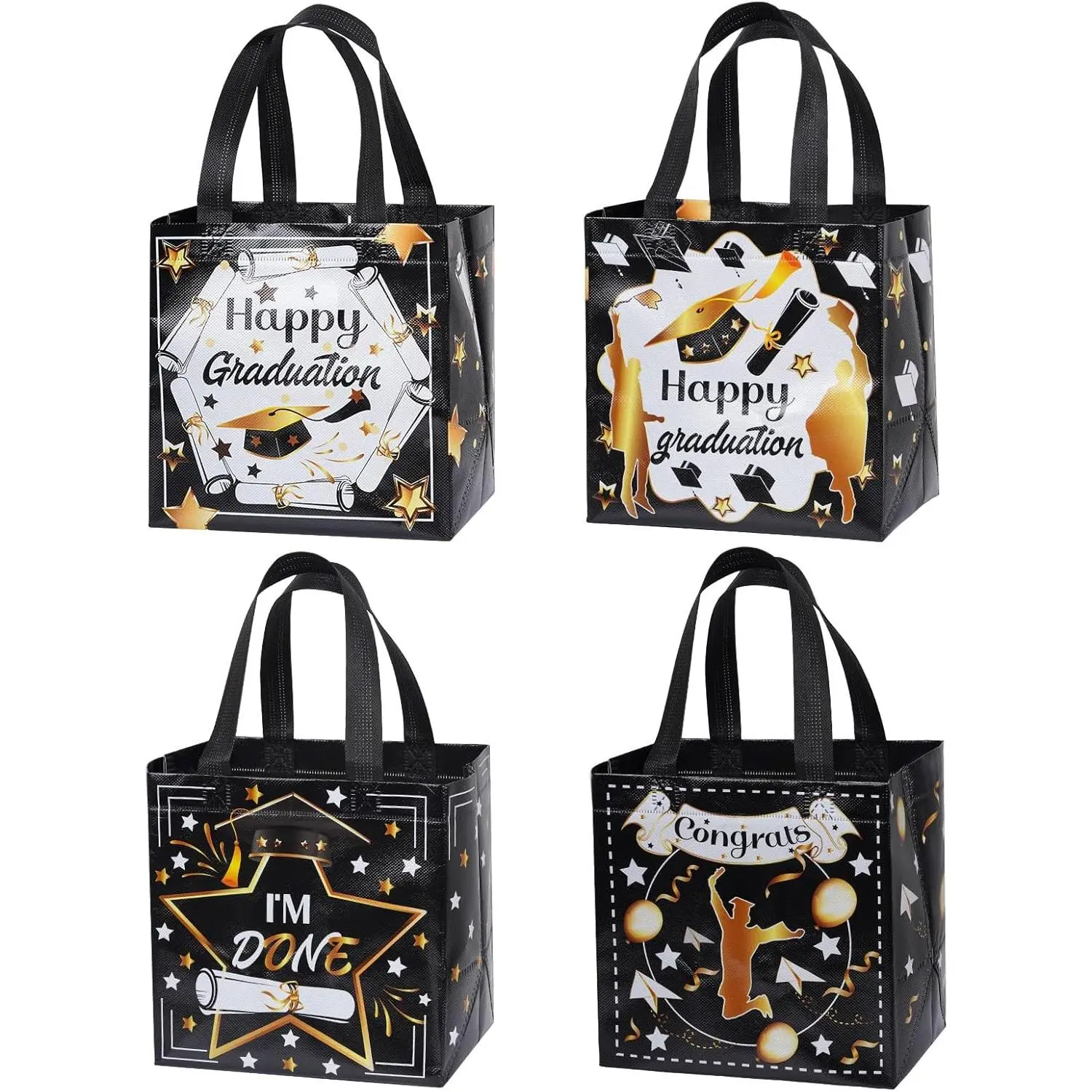4 PCS 2026 Graduation Party Bags with Handle Straps, Reusable Non-Woven Graduation Theme Print Goodie Bags for Baby & Maternity Party Supplies