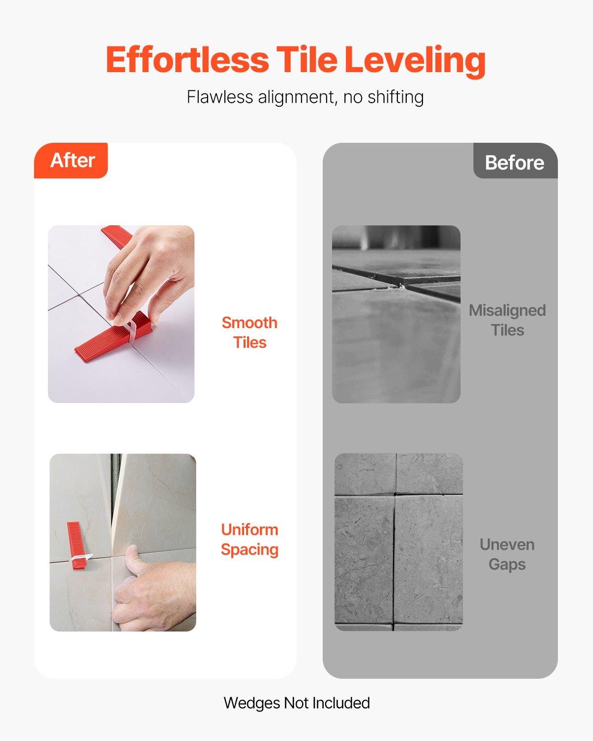 VEVOR Tile Leveling System Clips, 2200-Piece DIY Tile Leveler Spacers, 1/16"(1.5 mm) Tile Leveler Clips, Tile Leveling System Tile Installation Tools for Professional Ceramic Tile, Stone Installation