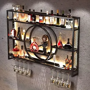 Metal Wine Rack Wall Mounted with LED Light, 3-Tier Bar Liquor Shelf with Wine Glass Holder, Modern Large Capacity Liquor Bottle Display Storage Shelf for Home Bar, Dining Room