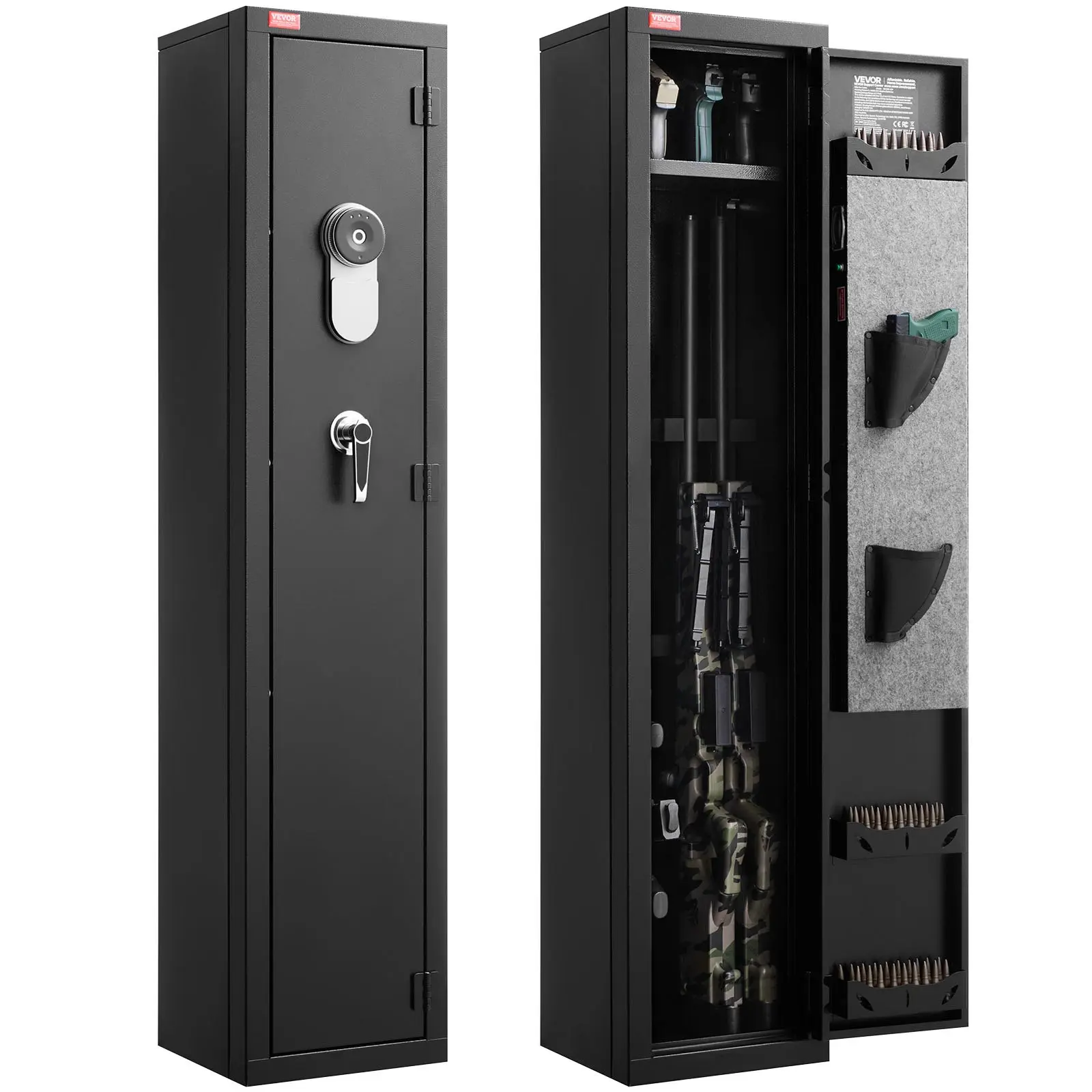 VEVOR Smart Biometric Fire-Resistant Gun Cabinet, Heavy-Duty Cold-Rolled Steel Electronic Rifle Cabinet with Fingerprint Lock, Digital Keypad Key, Magazine Storage, LED Light, Adjustable Racks for Rifles, Pistols, Shotguns