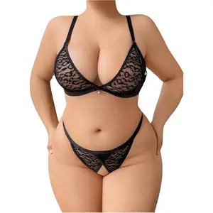 Women's Plus Size Lingerie Set Lace Sheer Deep V Neck Bra and Panty Sexy Underwear