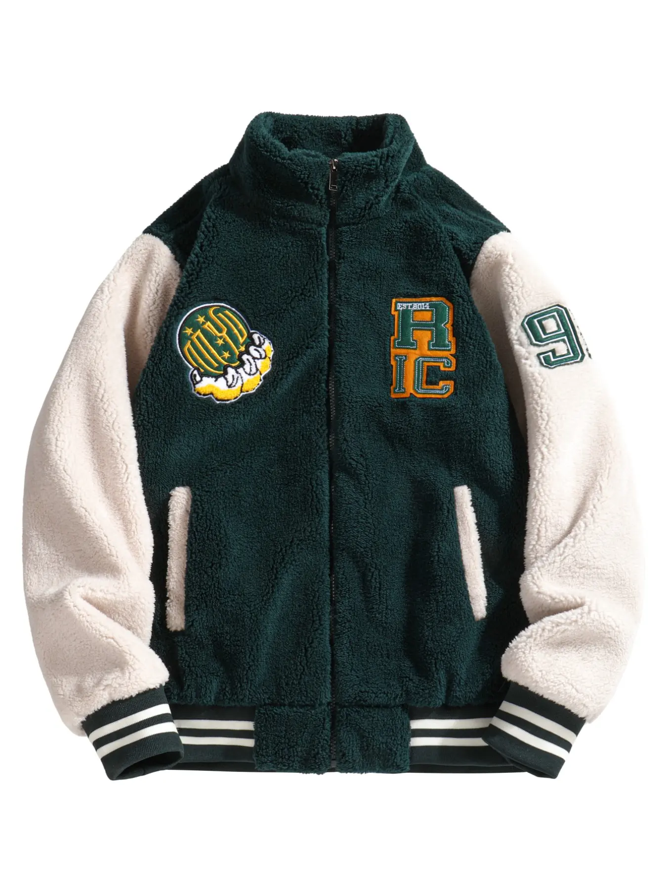 Men's College Style Colorblock Embroidered Jacket, Warm Zipper Outerwear, Street Fashion Trendy Design, Casual Fit for Spring & Fall