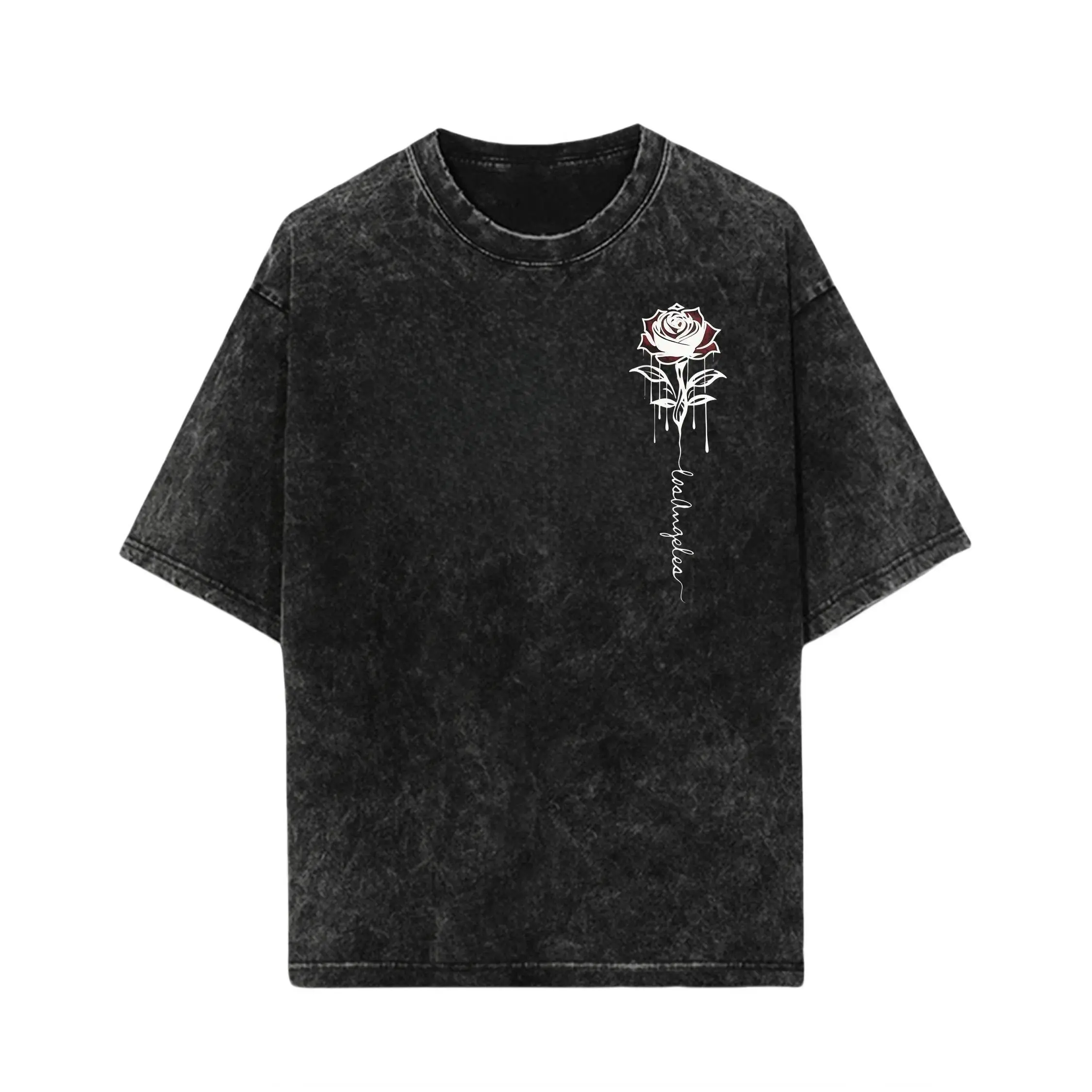 Men's Cotton-Polyester Blend Short-Sleeve Round Neck Tops, Rose Print, Comfortable Loose Fit, Quick-Drying, Summer Casual Wear, Hand Washable, Cotton Blend