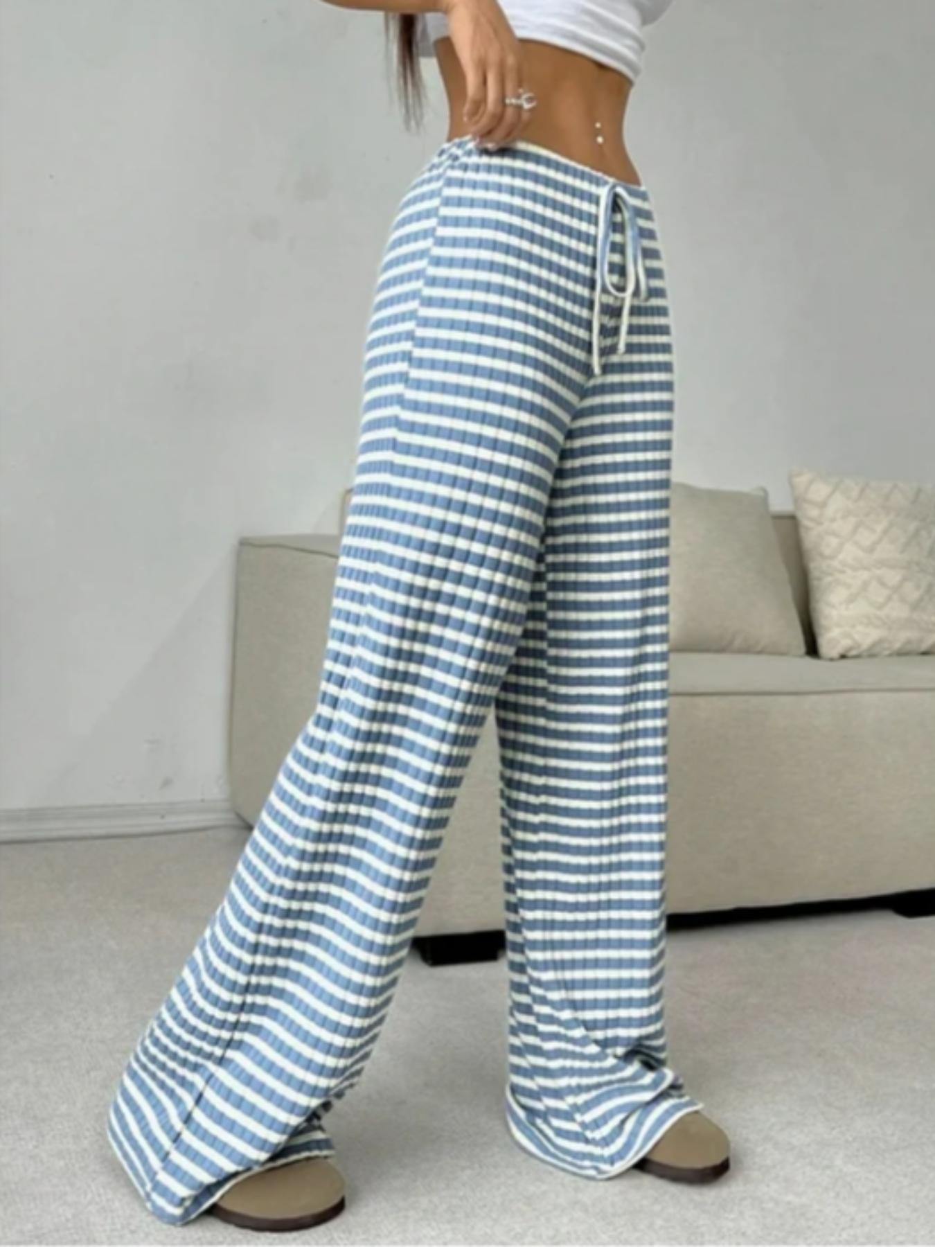 Women's Striped Casual Low Waist Fitted Pants, Fashionable Knitted Long Trousers for Daily Wear, Stylish Ladies' Clothing, Bottom