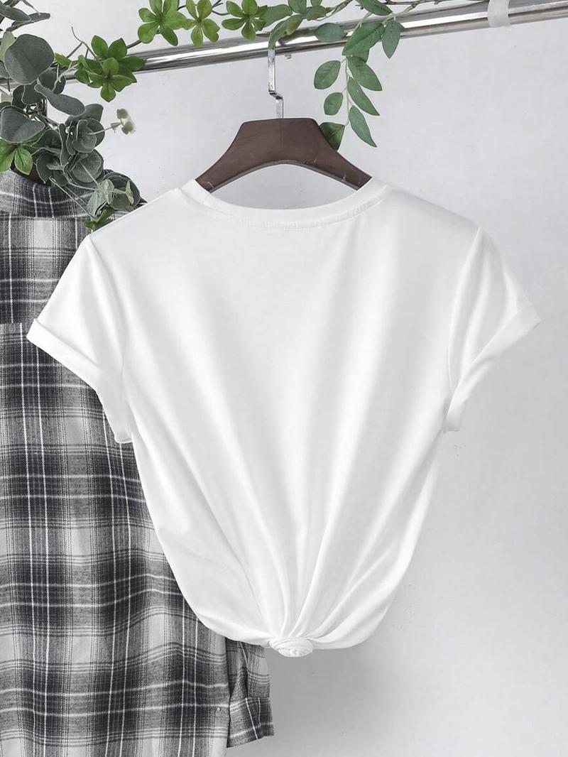 Women's Bow Print Round Neck Tee, Casual Cute Short Sleeve T-shirt for Summer, Ladies Clothes for Daily Wear, Top, Tshirt