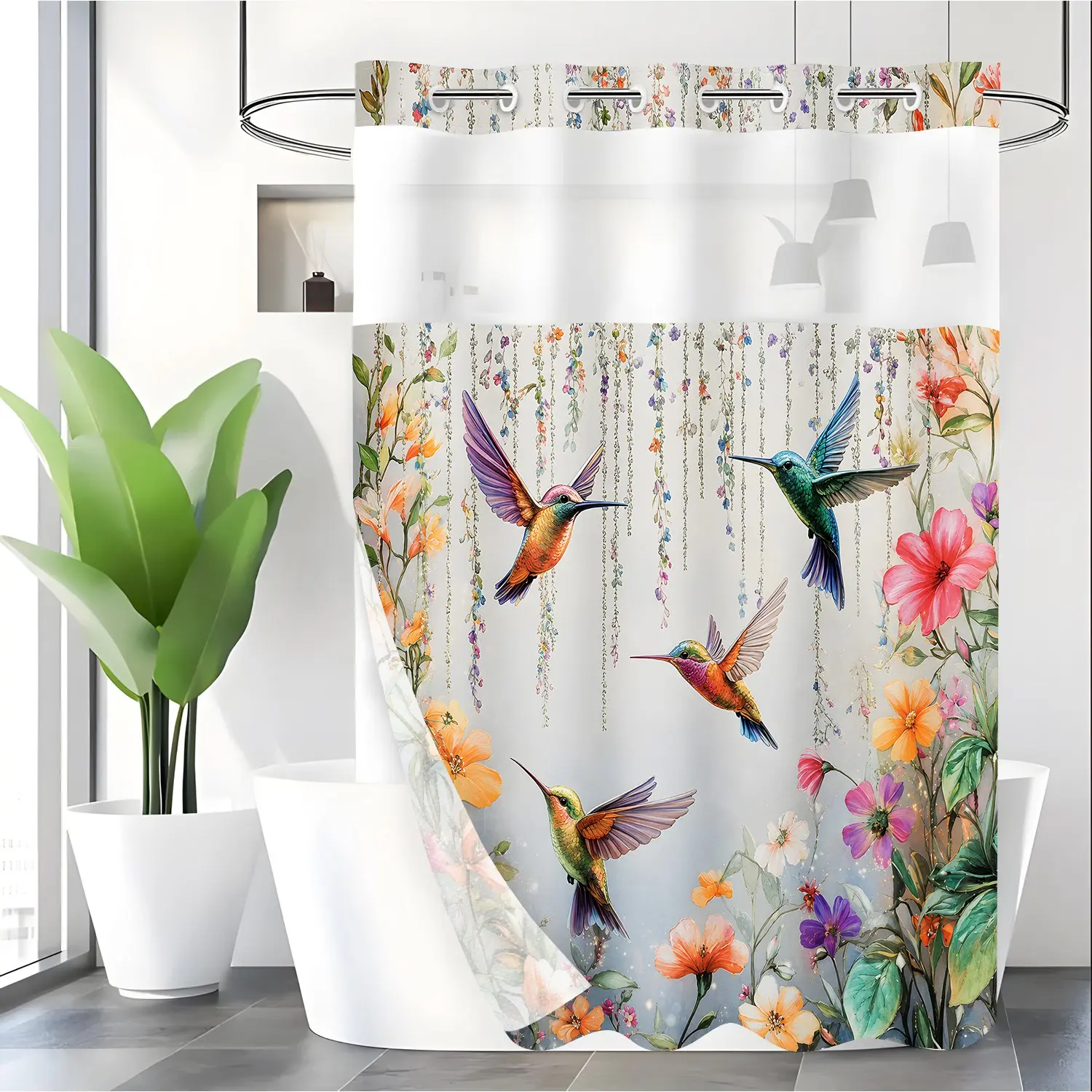 LVRLVR 1pc Watercolor Hummingbird Floral Decorative Shower Curtain, Botanical Print, Sheer Top Window, Detachable Liner & No Hook C-Ring, 70.8" x 74"